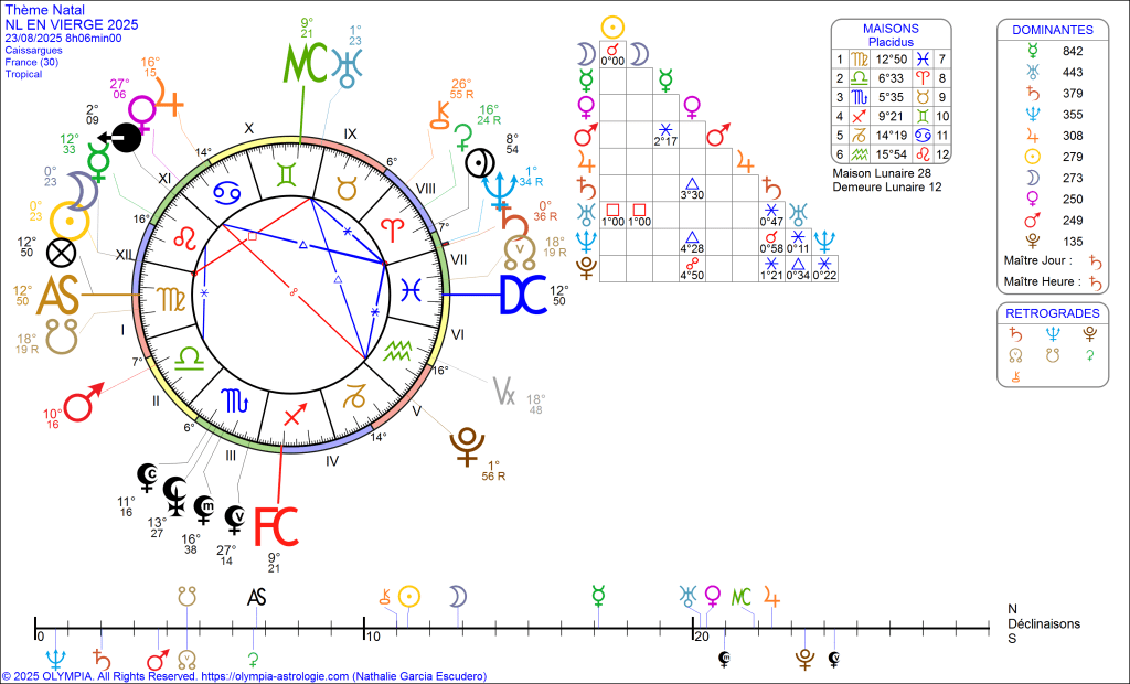 🌑✨ Nouvelle Lune en Vierge – 23 août 2025 ✨🌑
Un rendez-vous cosmique qui sent la rentrée des classes : trier, ranger, réorganiser… Mais attention, Uranus en Gémeaux bouscule tout ! Originalité contre prudence : un duel fertile qui peut accoucher d’idées brillantes.

Avec le triangle Uranus – Saturne/Neptune – Pluton, un vent de renouveau souffle. Transformation, vision, révolution douce : l’avenir frappe déjà à la porte.

Et toi, es-tu prêt(e) à écrire la première page de ton cahier neuf ? 📖🌱
