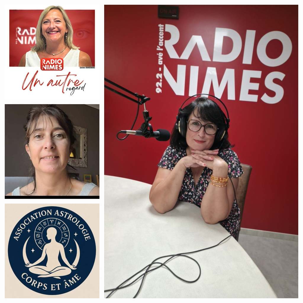 Un collage d'images comprenant le logo de Radio Nîmes, une photo de femme souriante, et une image d'une femme assise à un microphone dans un studio de radio, avec des écouteurs.