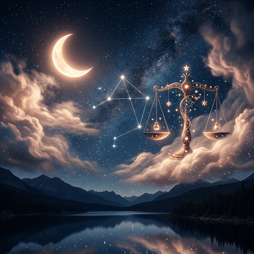Crescent moon and glowing scales beneath stars above a mountain lake