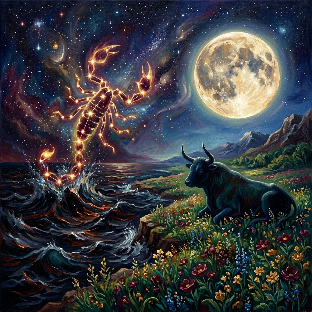 Celestial scorpion above stormy sea and bull among wildflowers